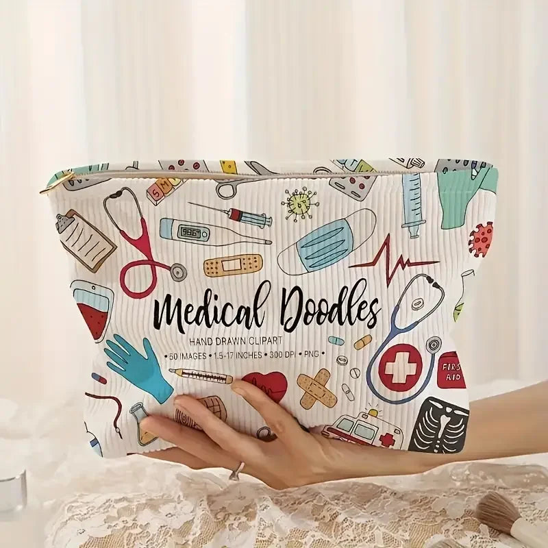 Medical Graffiti Corduroy Makeup Bag – Lightweight Zipper Storage Pouch with Lining