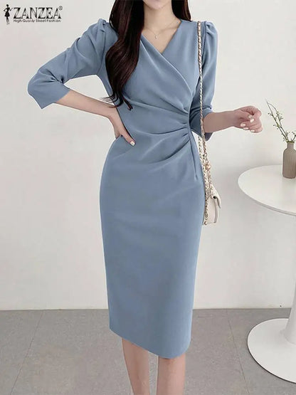 Women’s V-Neck Bodycon Dress - Ruched Waist Knee-Length Elegant Party & Office Wear