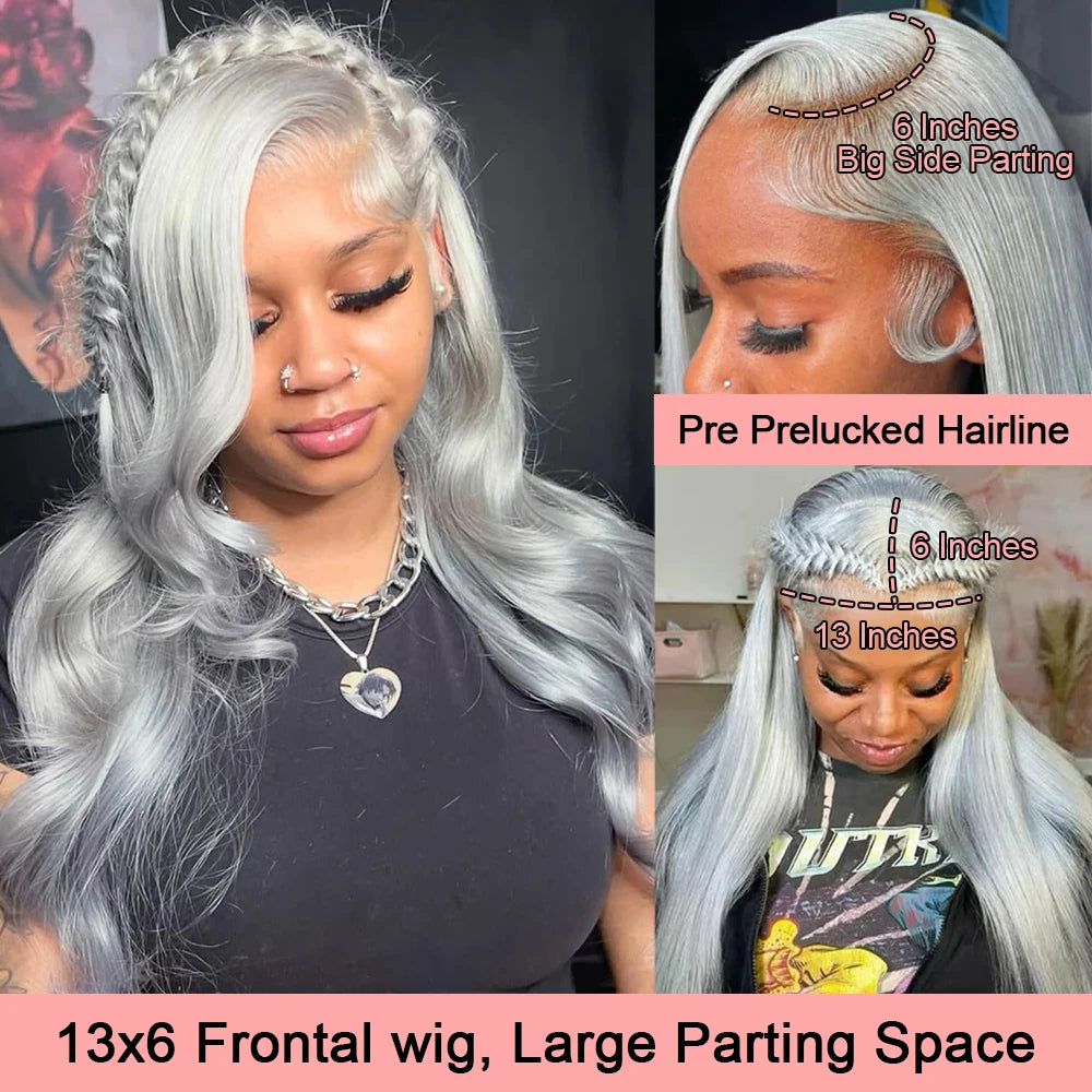 13x6 Silver Grey Body Wave Lace Front Wig – 100% Human Hair, Preplucked 13x4 Lace Frontal Brazilian Wig, 36 Inch