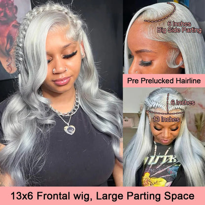 13x6 Silver Grey Body Wave Lace Front Wig – 100% Human Hair, Preplucked 13x4 Lace Frontal Brazilian Wig, 36 Inch