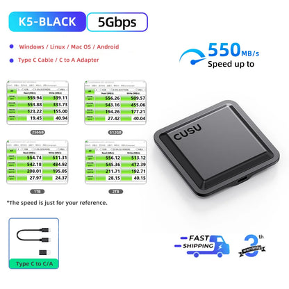 CUSU Portable External SSD Drive 256GB/512GB/1TB/2TB Type-C Solid State Drive for Phone, Laptop & Fast Data Storage