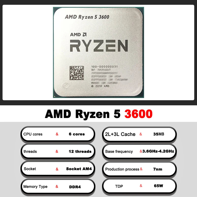 AMD Ryzen 5 3600 – Used 3.6GHz Zen 2 Gaming CPU, 6-Core 12-Thread, 65W L3=32MB, Socket AM4