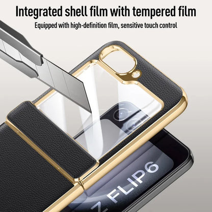 Electroplated Leather Case for Samsung Galaxy Z Flip 6/5 – Skin-Friendly Shockproof Hinge Cover with Tempered Film