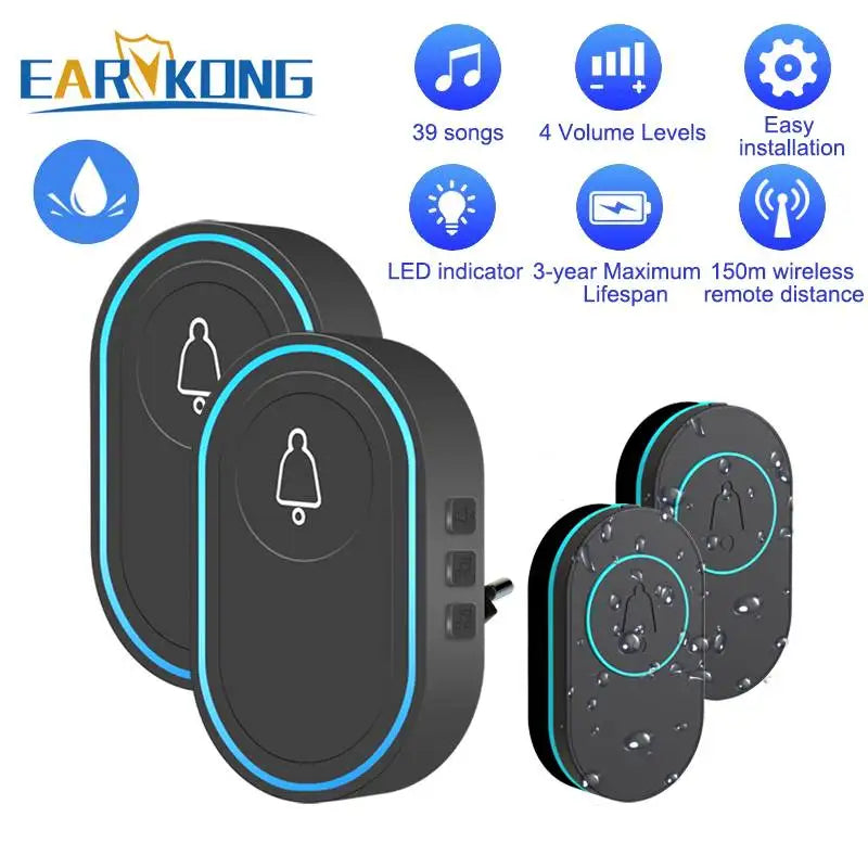 Intelligent Wireless Doorbell – Waterproof Smart Doorbell with 300m Remote Range, EU/UK/US Plug Options, Home Welcome Chime