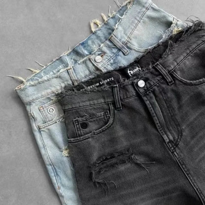 Deeptown Washed Ripped Short Jeans – Unisex Wide Leg Baggy Jorts with Hole Embroidery, Retro American Streetwear for Summer