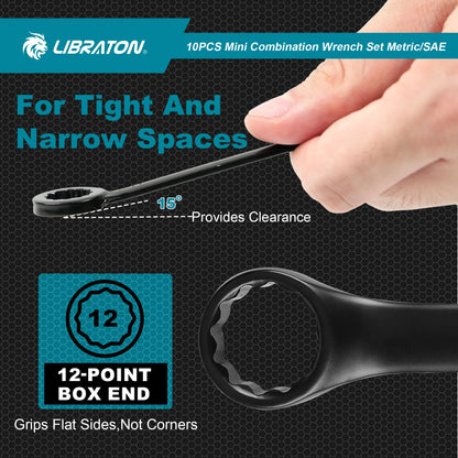 LIBRATON 10-Piece Mini Combination Wrench Set with Rolling Pouch – Metric & SAE Carbon Steel 4-11mm / 5/32"-7/16"