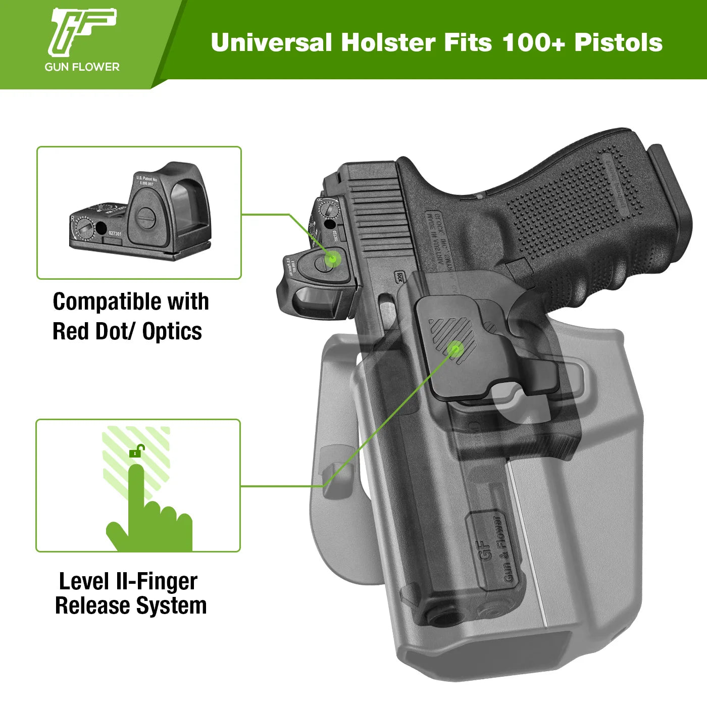 Universal Left-Hand Pistol Holster – Autolocking Polymer Case with Quick Draw Release
