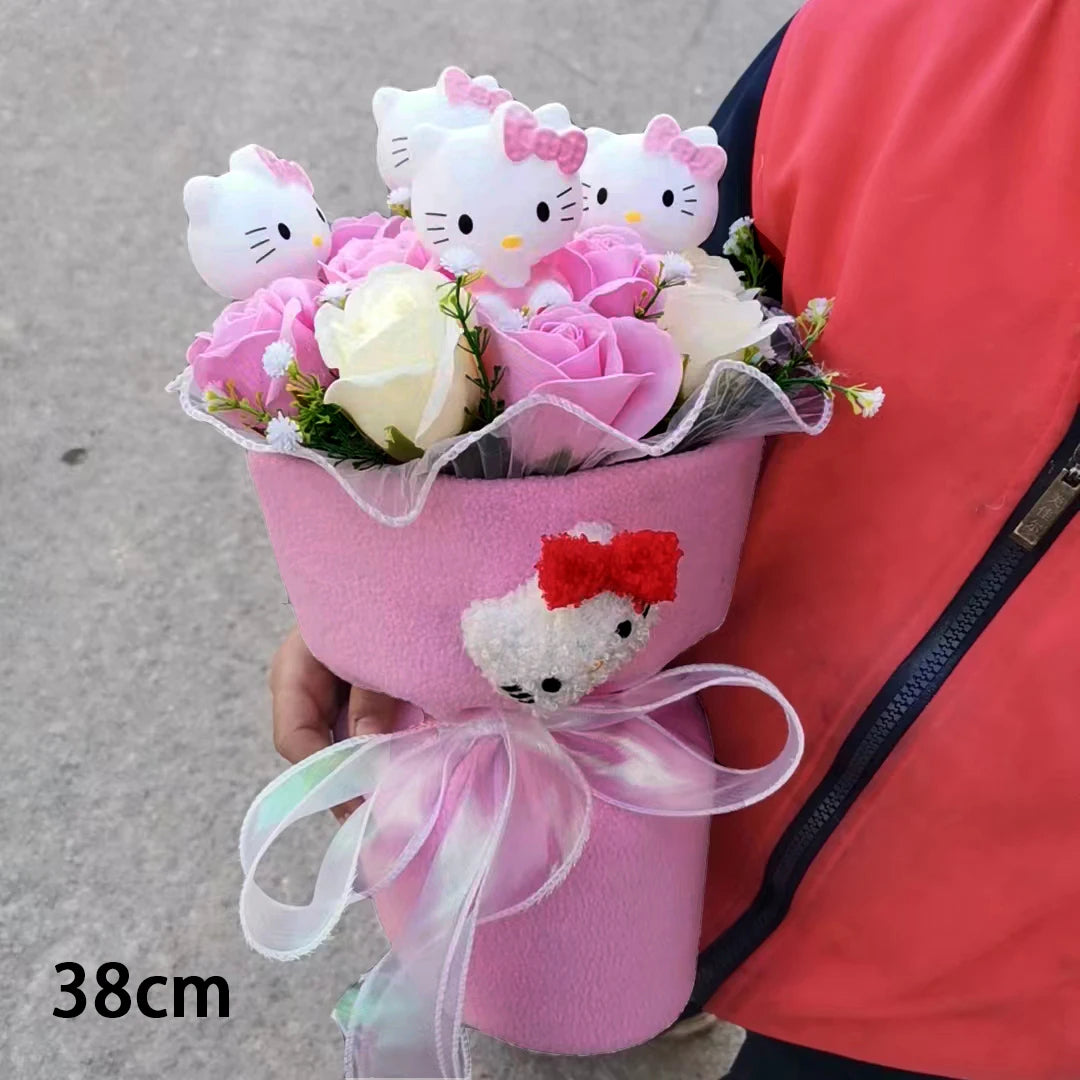Hello Kitty Plush Bouquet — Anime Rose Soap Flowers for Wedding & Home Decor