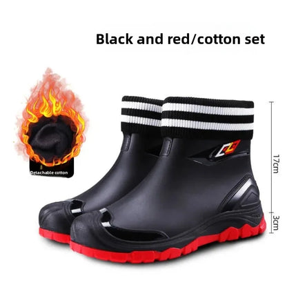 Men’s Ankle-High Fleece-Lined Rain Boots – Waterproof, Anti-Slip, Wear-Resistant Work & Fishing Shoes