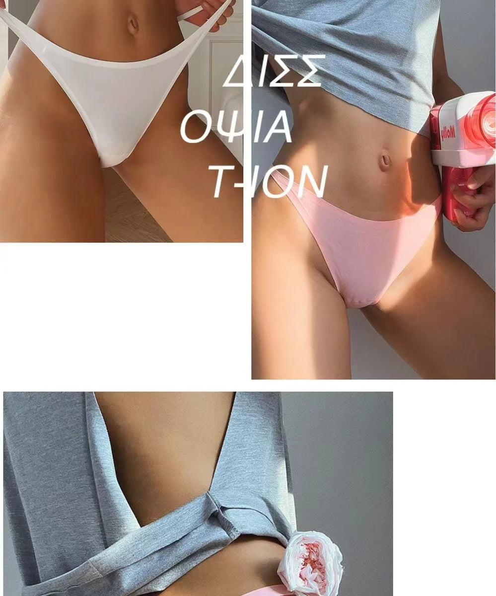 Ice Silk Seamless Thong Panties for Women – Soft Satin Bikini Underwear, Thin Band Tangas Mujer