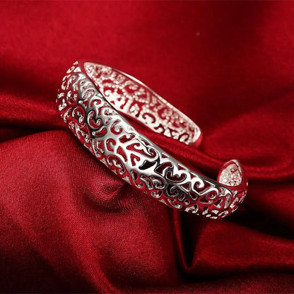 Women’s 925 Sterling Silver Open Cuff Bangle – Adjustable Charm Bracelet for Wedding Party Fashion Jewelry