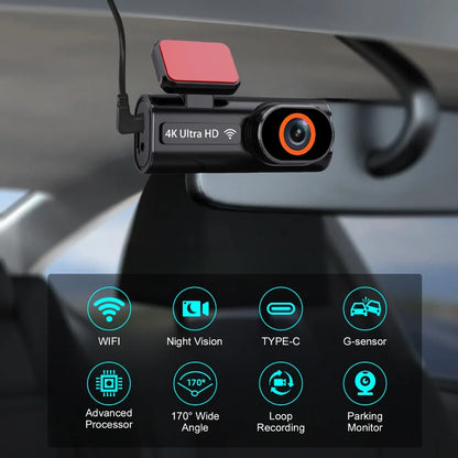 Aprilboy K6 4K WIFI Dash Cam - Front & Rear Dual Lens, 1080P Night Vision, Parking Monitor, Mini Car DVR