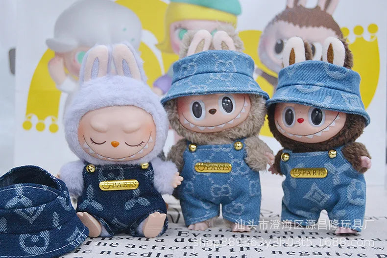 17cm Labubu Doll Clothes – Cowboy Party Outfit with Strap Pants & Fisherman Hat – Only Clothes, Hot Sale
