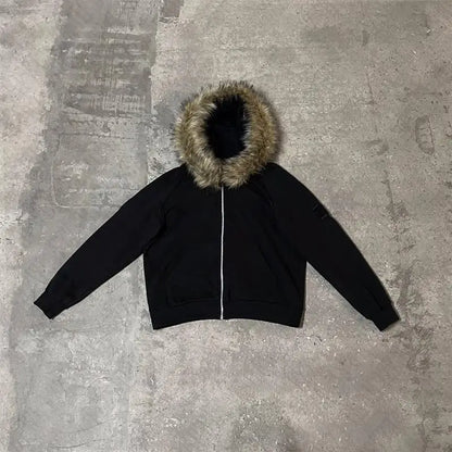 Y2K Zip-Up Hoodie with Faux Fur Collar – Harajuku Rock Goth Retro Punk Loose Jacket for Hip Hop Streetwear