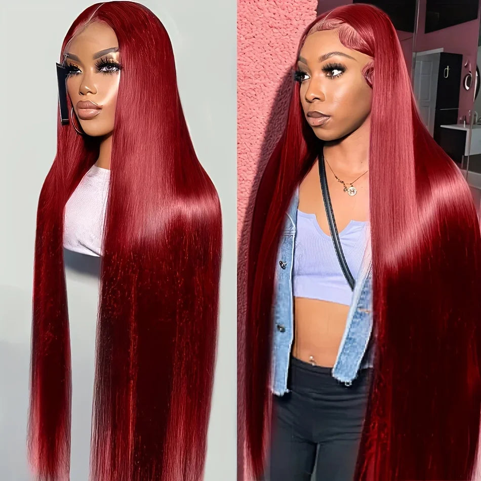 99J Burgundy Lace Front Human Hair Wig – Straight 13x4 HD Transparent Full Lace Frontal, Red Glueless Wig for Women