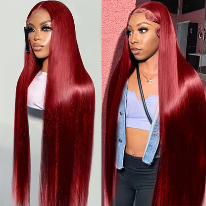 99J Burgundy Lace Front Human Hair Wig – Straight 13x4 HD Transparent Full Lace Frontal, Red Glueless Wig for Women