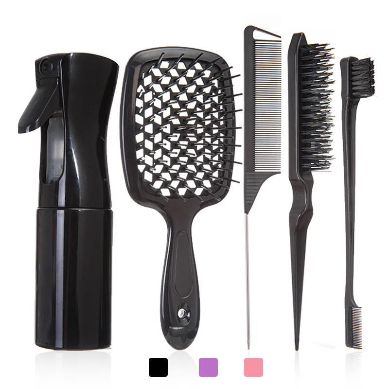 5PCS Comb Set – Detangling Hair Brush, Curly Hair Curved Rat Tail Comb, Edge Brush, Salon Tools for Curly Hair