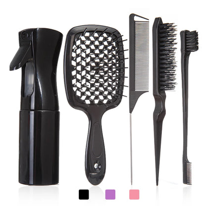 5PCS Comb Set – Detangling Hair Brush, Curly Hair Curved Rat Tail Comb, Edge Brush, Salon Tools for Curly Hair