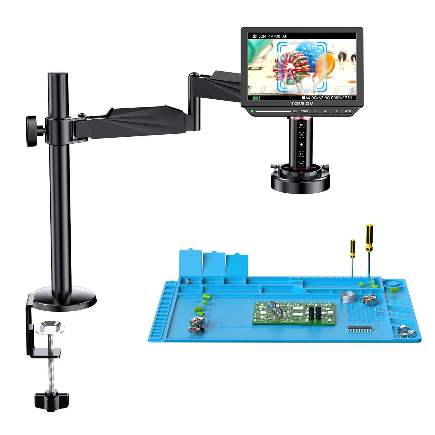 TOMLOV TM4K-AF 4K Digital Microscope – 2000X Autofocus HDMI Microscope with 8" Display & Flex Arm for Electronics & Phone Repair