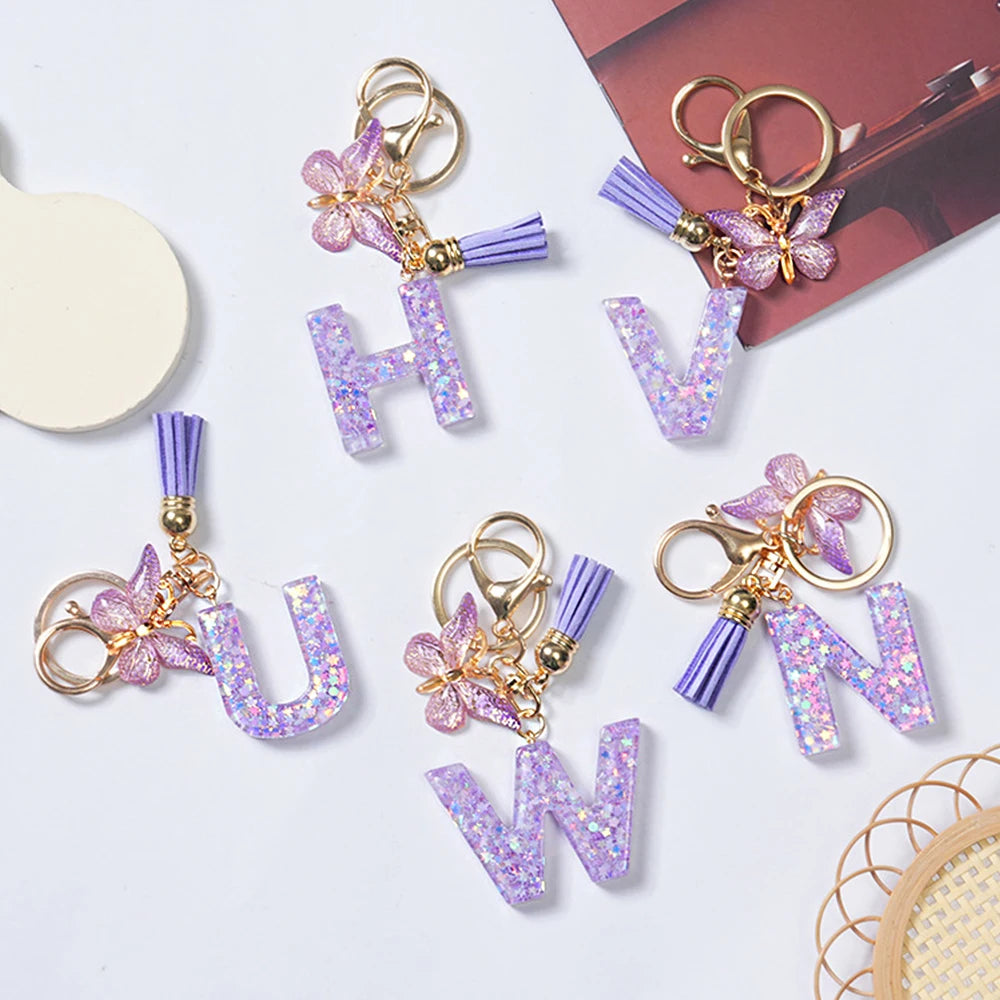 A-Z Initial Letter Sequin Keychain - Purple Butterfly Tassel Resin Keyring Backpack Charm Gift