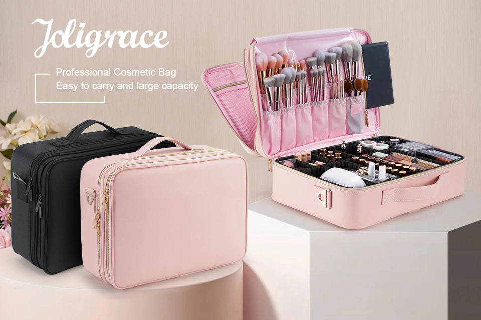 Professional Makeup Bag — Extra-Large Cosmetic Train Case with Brush Organizer, Storage Compartments & Dividers for Artists