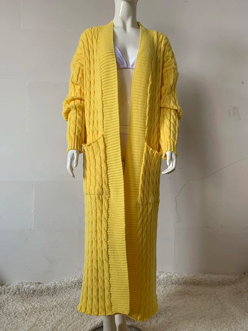 Women’s Yellow Knitted Cardigan – Long Sleeve Crochet Sweater Jacket for Autumn & Winter