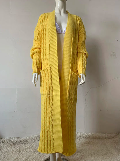 Women’s Yellow Knitted Cardigan – Long Sleeve Crochet Sweater Jacket for Autumn & Winter