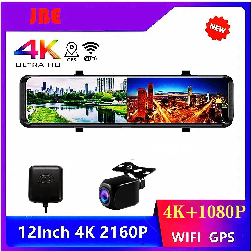 4K 12-Inch Dual Lens Dash Cam – 3840*2160P, WIFI, GPS, APP, Rearview Mirror Camera, Touch Screen Streaming Video Recorder, Car DVR