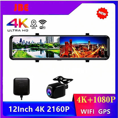 4K 12-Inch Dual Lens Dash Cam – 3840*2160P, WIFI, GPS, APP, Rearview Mirror Camera, Touch Screen Streaming Video Recorder, Car DVR