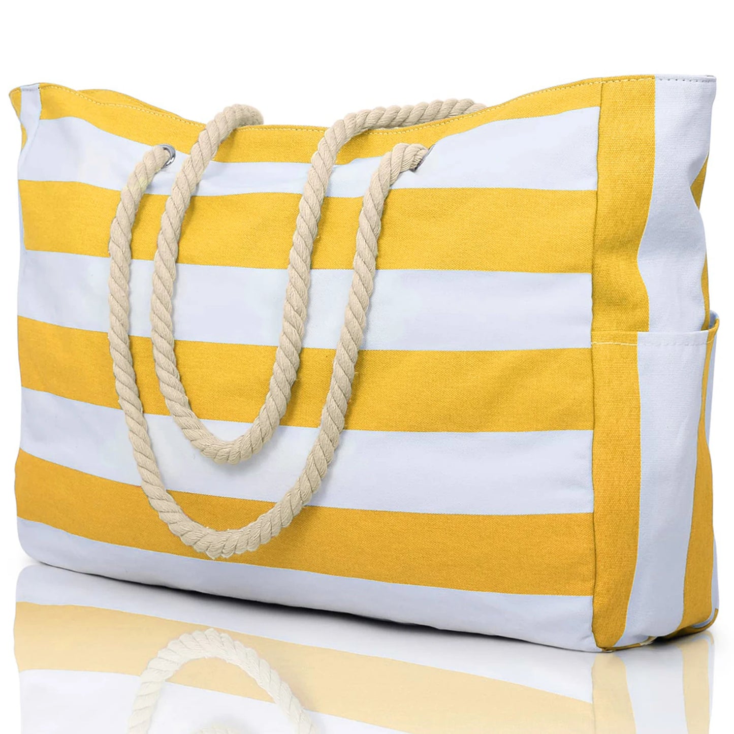 Striped Waterproof Canvas Beach Bag – Zippered Foldable Tote for Outdoor Travel and Vacation, Sand-Resistant Design