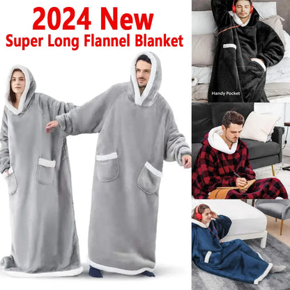2024 Oversized Flannel Blanket Hoodie – Super Long Fleece Pullover with Sleeves for Winter