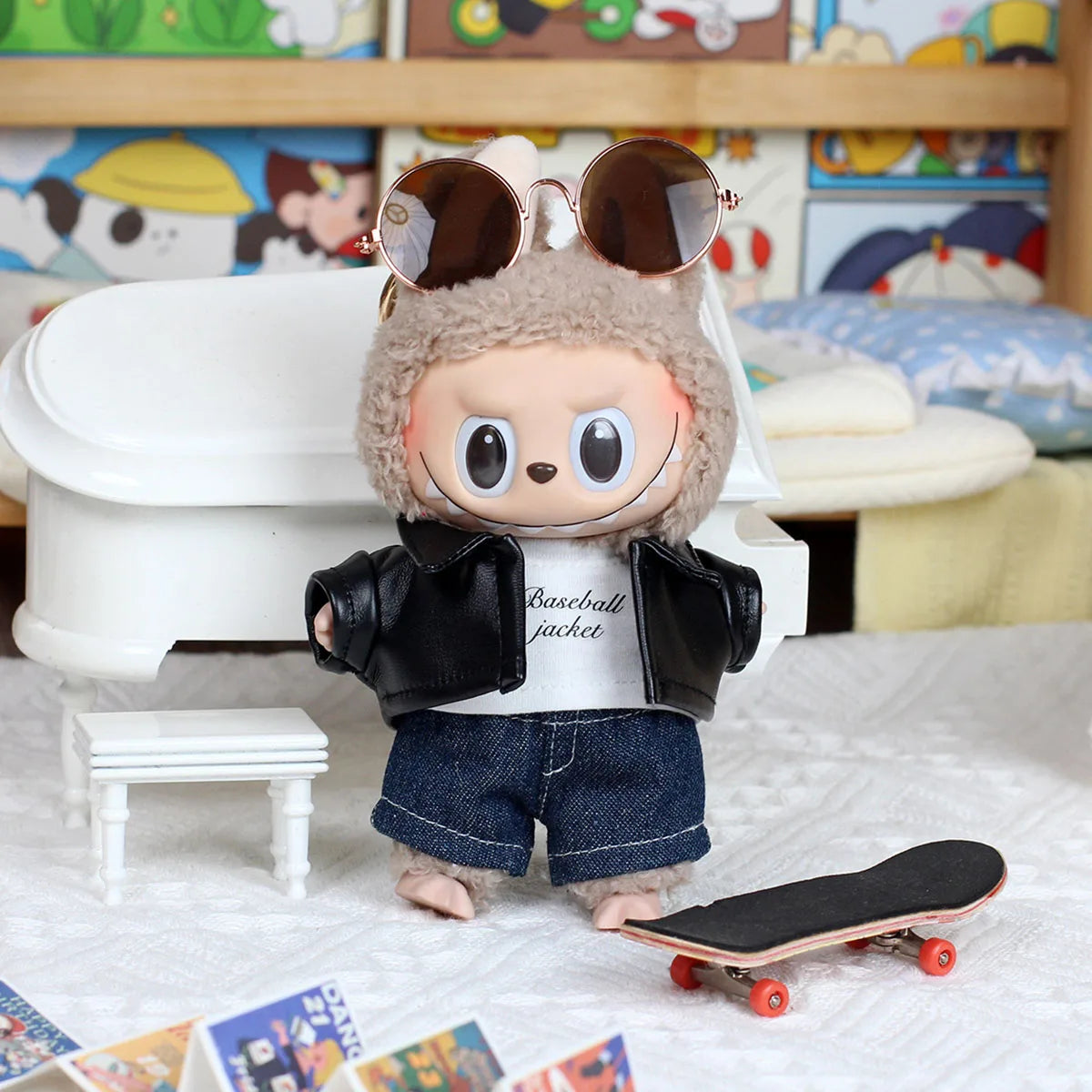Leather Jacket & Skirt Set — Motorcycle Style Outfit for 17cm Labubu Dolls
