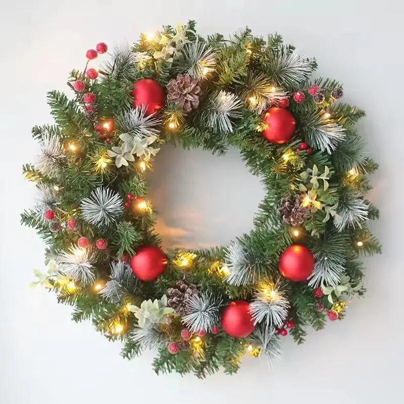 20–60cm LED Christmas Wreath – Lighted Pine Door Hanging Garland for Home & New Year Party Decor