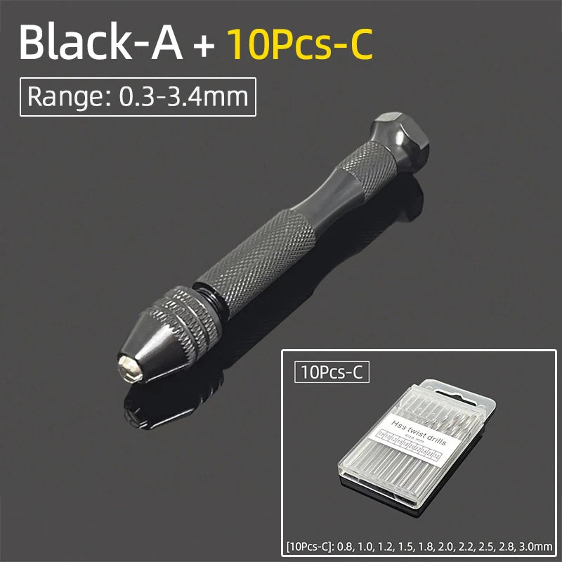 Mini Aluminum Hand Drill 0.3–3.4mm – Keyless Chuck Micro Rotary Tool with HSS Twist Drill Bit Set for Wood & DIY Crafts