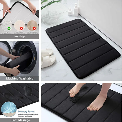 Non-Slip Grey Memory Foam Bath Mat Set – Soft, Water Absorbent, Quick-Drying, Machine Washable Bathroom Rugs for Home Floor