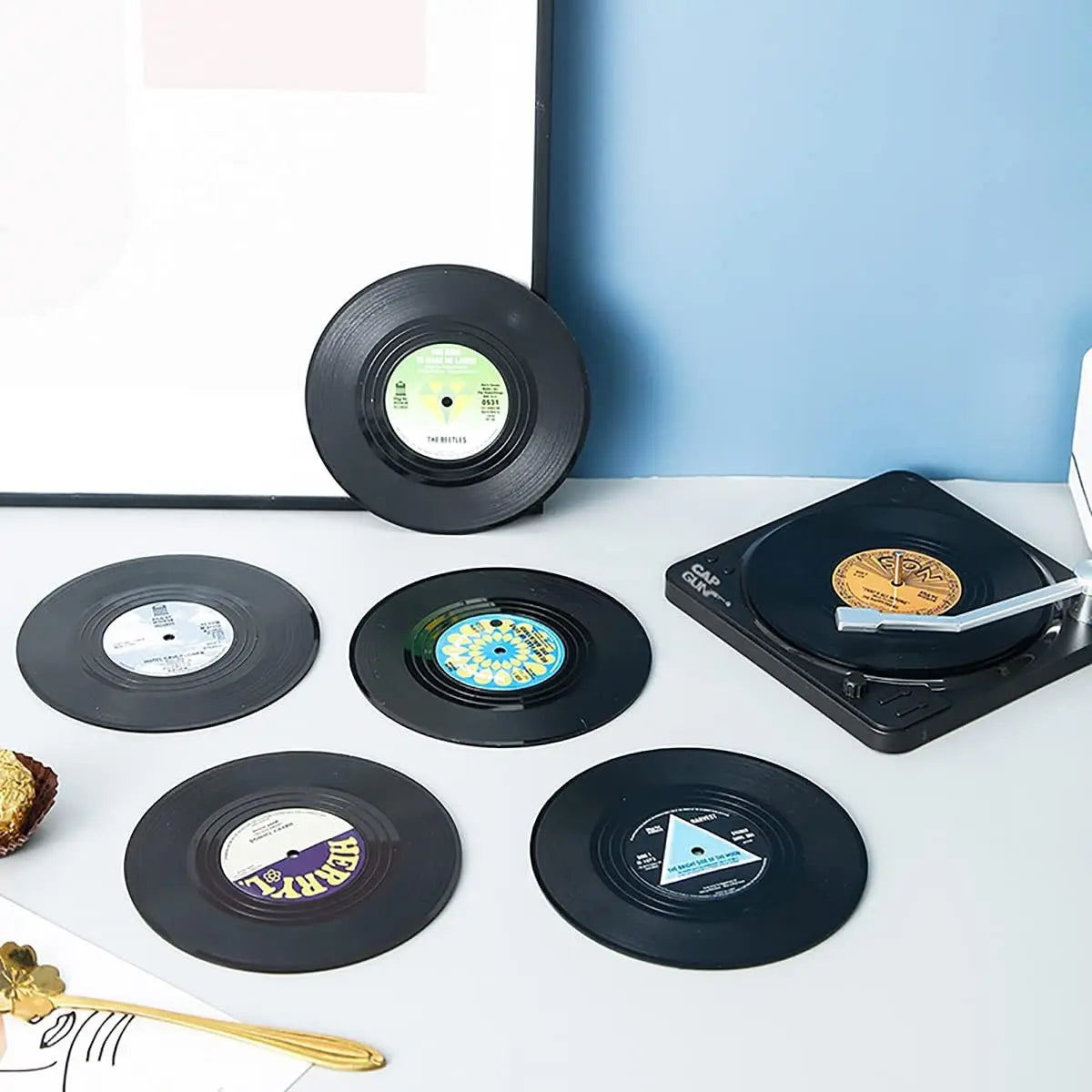 2/4/6PCS Retro Vinyl Record Drink Coasters | Anti-Slip Heat Resistant Mug Mats | Music-Themed Coffee Table Placemats Decor