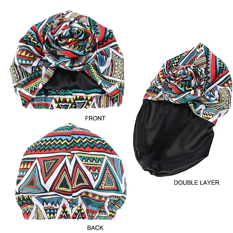 African Satin Lined Turban Cap - Floral Print Big Flower Headwrap Bonnet for Women Muslim Headscarf Beanie Hat