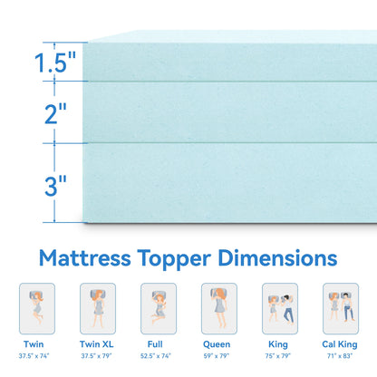 Hcore Gel Memory Foam Mattress Topper - Blue Cooling Pad, Soft & Breathable Bedding for Bedroom & Guest Room, CertiPU