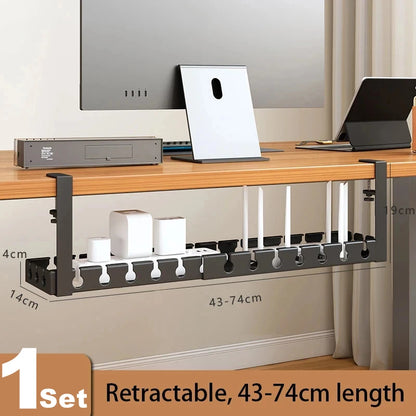 Under Desk Storage Rack – No Drill Metal Cable Management Tray, Retractable Power Strip & Wire Organizer for Home Office Desk Setup