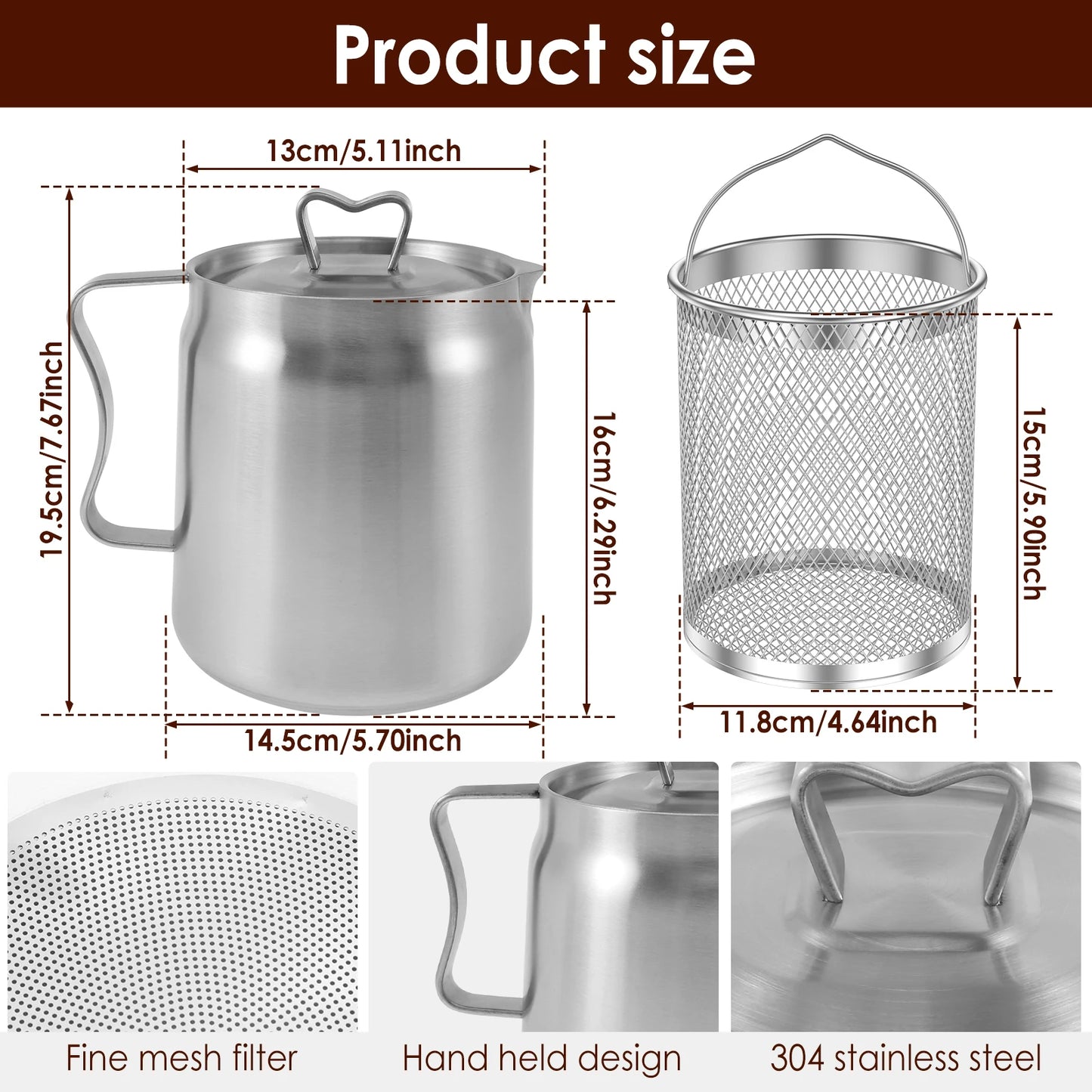 2L/1.5L Stainless Steel Oil Filter Fry Basket – Fine Mesh Strainer Pot for Oil Storage and Kitchen Grease