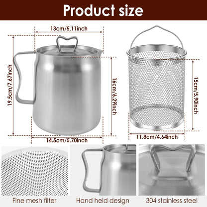 2L/1.5L Stainless Steel Oil Filter Fry Basket – Fine Mesh Strainer Pot for Oil Storage and Kitchen Grease