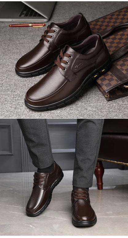 Men's Genuine Leather Casual Shoes - Soft Sole Lace-Up Loafers, Luxury Brand for Middle-Aged & Older Adults, Lightweight Dad Shoes