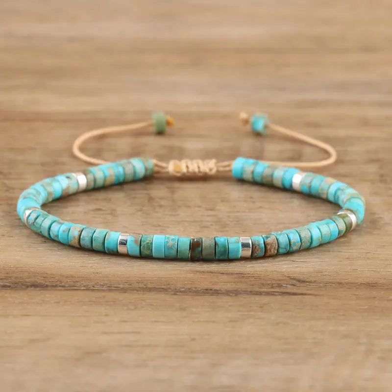 Natural Blue Emperor Stone Beaded Bracelet – Polished Block Beads, Adjustable Woven Rope Women’s Gift Jewelry