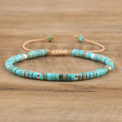 Natural Blue Emperor Stone Beaded Bracelet – Polished Block Beads, Adjustable Woven Rope Women’s Gift Jewelry
