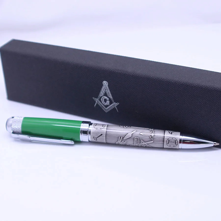 Masonic Silver Ballpoint Pen — Heavyweight Ancient Symbol Writing Pen with Gift Box, Black/Red/Green