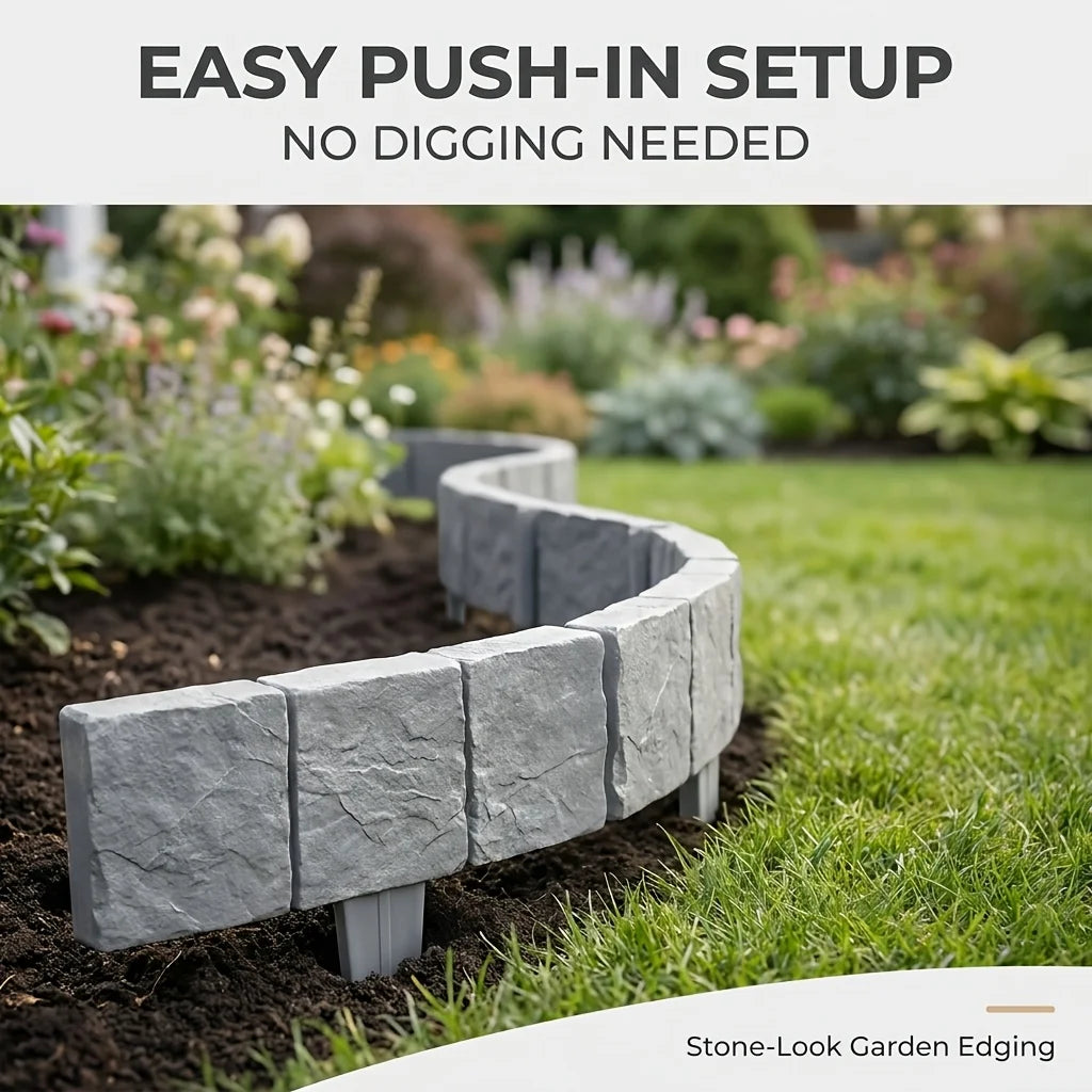 Stone-Look Garden Edging - No-Dig Landscape Border Panels for Flower Beds, Lawns & Pathways