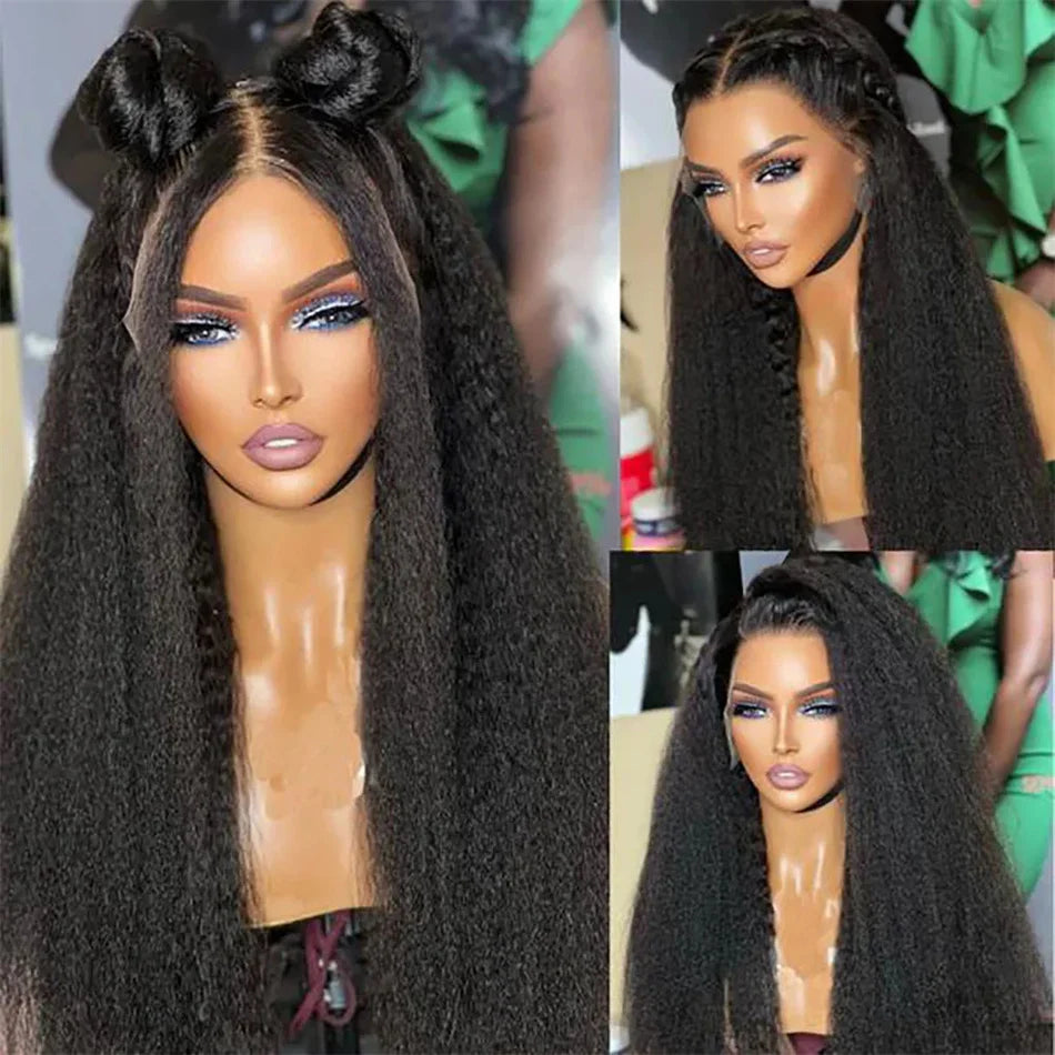 Kinky Straight 13x4 Lace Front Wig – Brazilian Human Hair, Bone Colored Yaki Straight, Transparent Lace Frontal Wig for Women
