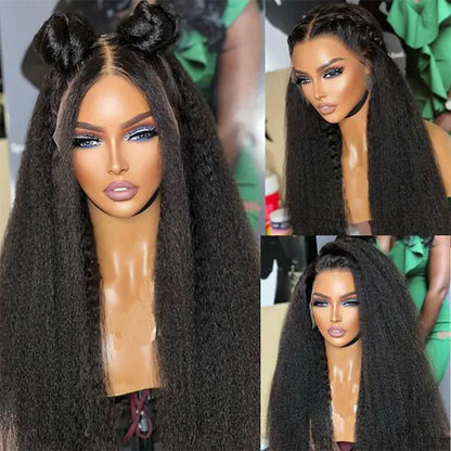 Kinky Straight 13x4 Lace Front Wig – Brazilian Human Hair, Bone Colored Yaki Straight, Transparent Lace Frontal Wig for Women