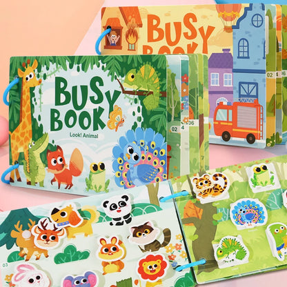 Kids Busy Book – Interactive Learning Sticker Book with Animals, Vehicles & Dinosaurs, Matching Numbers & Letters Activity Toy