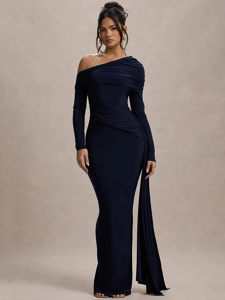 Mozision Women’s Long Sleeve Maxi Dress – Sexy Backless Draped Ruched Bodycon Gown, Skew Collar Elegant Club Dress